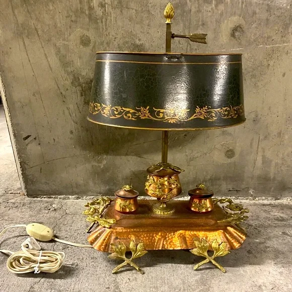 Hammered Copper French Bouillotte Lamp Handpainted Shade W/ Built In Inkwell WOW - Picture 1 of 12